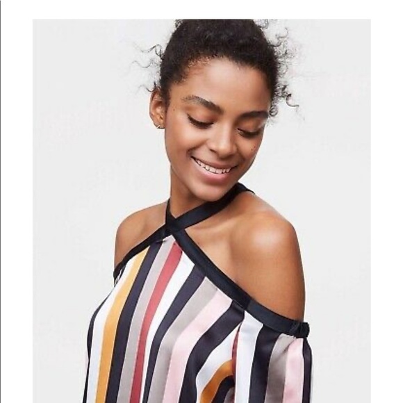 LOFT•Striped off shoulder halter neck silky blouse - Picture 3 of 6